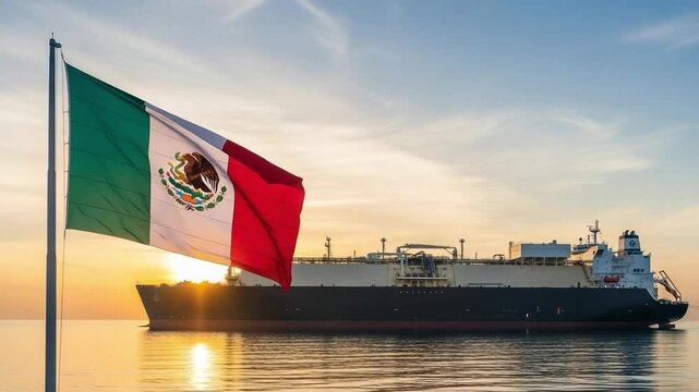 Mexican flag and liquefied natural gas tanker ship at sunset representing maritime energy trade