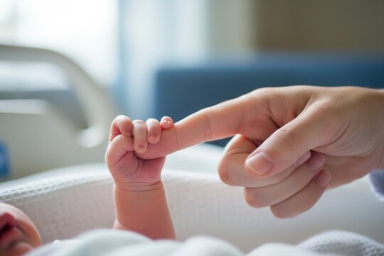 A tender close-up of a newborn baby's tiny hand gripping an adult's finger, symbolizing love, connection, and new beginnings.