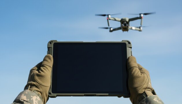 A person in tactical gloves holds a rugged tablet with a blank screen, operating a flying drone against a clear blue sky.