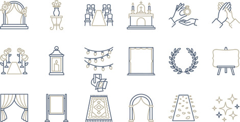 Wedding planning icons featuring arches, altars, chairs, and decorative elements for ceremonies and receptions in gold and blue hues © Septarim