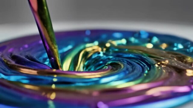 A vibrant liquid splash with iridescent colors on a plain surface