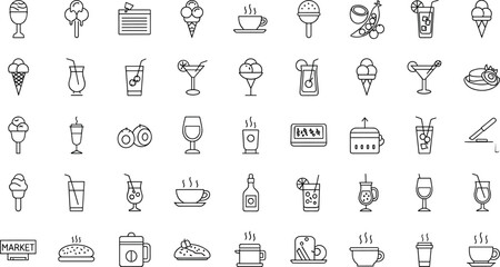 Fototapeta premium Large collection of minimalist black line vector icons featuring ice cream cones, coffee cups, summer cocktails, bakery desserts, and cafe drinks for restaurant menu design and digital mobile app inte