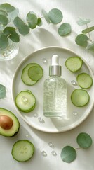 Refreshing skincare serum with cucumber and avocado on a clean, natural background.