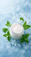 Fresh yogurt with mint leaves on ice, creating a refreshing and cool dessert.