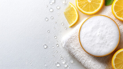 Refreshing lemon slices and foam create a vibrant, clean image for beverage concepts.