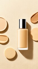 Stylish makeup foundation bottle with compact powders on a neutral background.