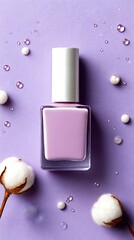 Stylish lavender nail polish on a textured purple background with cotton accents.