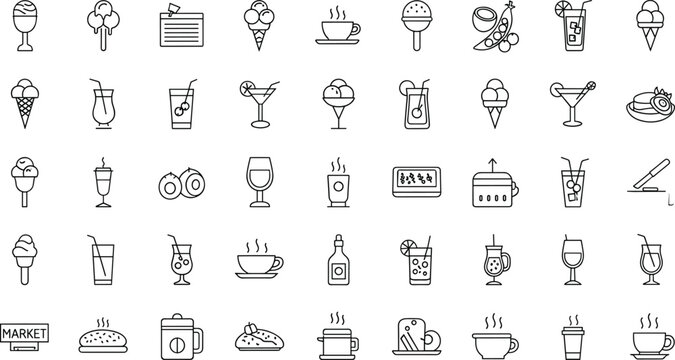Large collection of minimalist black line vector icons featuring ice cream cones, coffee cups, summer cocktails, bakery desserts, and cafe drinks for restaurant menu design and digital mobile app inte