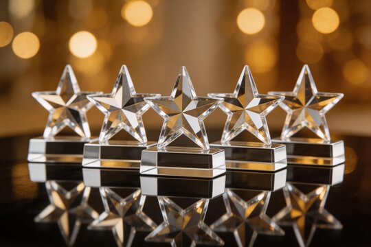 Five Crystal Star Trophies on Reflective Surface