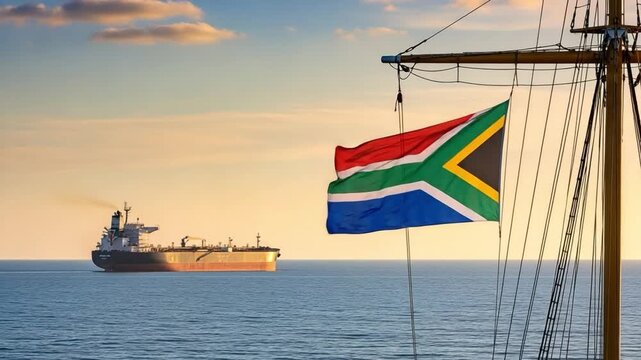 South African Maritime Trade and Logistics with Cargo Ship at Sunset