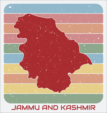 Jammu and Kashmir, India vintage logo. Shape of the state on retro colored stripes background. Jammu and Kashmir, India map design with grunge scratch texture. Vector illustration.