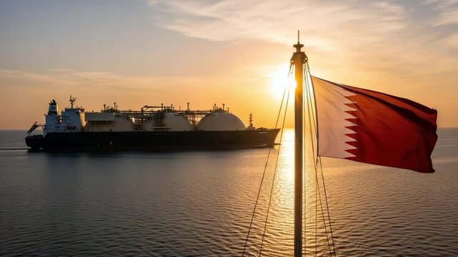 Qatari LNG Tanker Transporting Natural Gas at Sunset, Energy Export Logistics