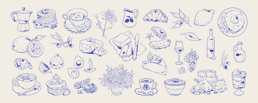 Hand drawn french breakfast in blue line set. Whimsical cafe food set as cute pancakes, croissant and coffee cup with bakery bread and cheese plate. Italian brunch icon collection fits restaurant