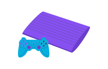 Retro videogame console and gamepad in cartoon flat style. Classic joystick and controller for video game entertainment. Player gadget, purple blue, for fun electronic game experience. © moonnoon