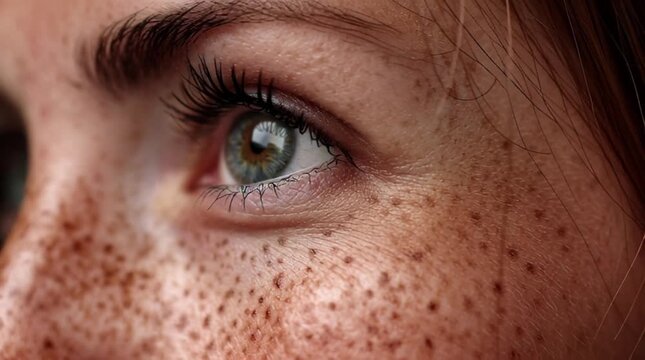 A detailed, captivating close-up of a woman's vibrant green eye, beautifully framed by her natural freckled skin, highlighting unique facial features and the serene beauty of the human gaze