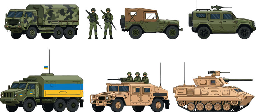 Military Vehicle Fleet Illustration with Soldiers, Tactical Trucks, Humvees, and Armored Personnel Carriers for Defense and Warfare Designs