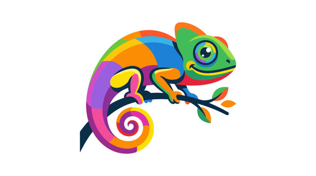 Vibrant Exotic Chameleon Logo Illustration Perched on a Branch with a Curled Tail, Displaying a Spectrum of Bright Hues