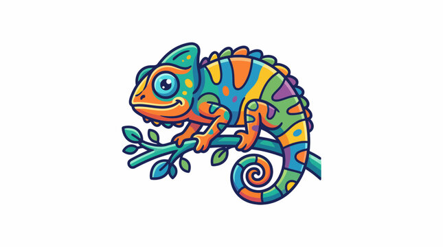 Vibrant vector logo illustration of an exotic chameleon with large expressive eyes and a curled tail, brightly patterned, perched on a branch.