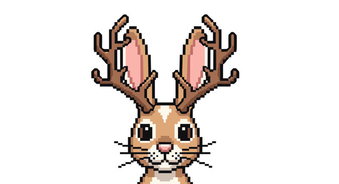 Mythical pixel art jackalope character featuring a cute brown rabbit with large antlers on its head against a solid white background.