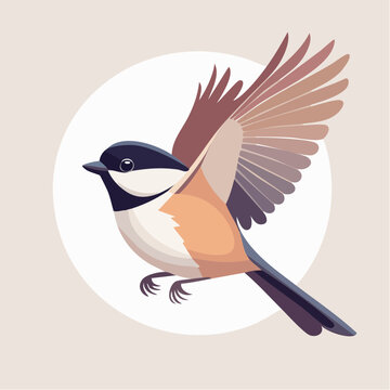Cute chickadee bird in flight, a small songbird with delicate wings and a friendly face