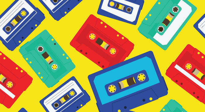 Retro seamless pattern featuring many colorful music cassette tapes in red, blue, and green, evoking a 1980s or 1990s nostalgia.