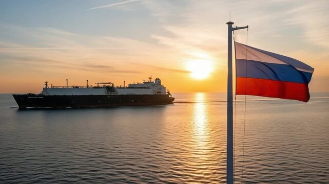 Russian energy export tanker ship transporting fuel at sunset on the ocean