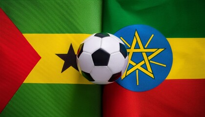 Fototapeta premium soccer ball between Ethiopia flag and Sao Tome and Principe flag
