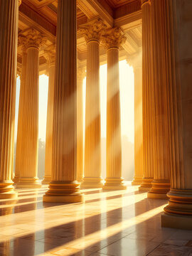 Ancient Greek columns bathed in golden sunlight
