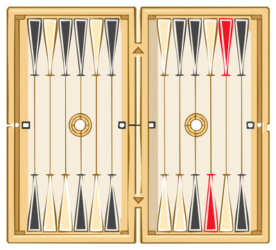 Opened Wooden Backgammon Board with Black Cream and Red Pieces Demonstrating Game Strategy and Entertainment