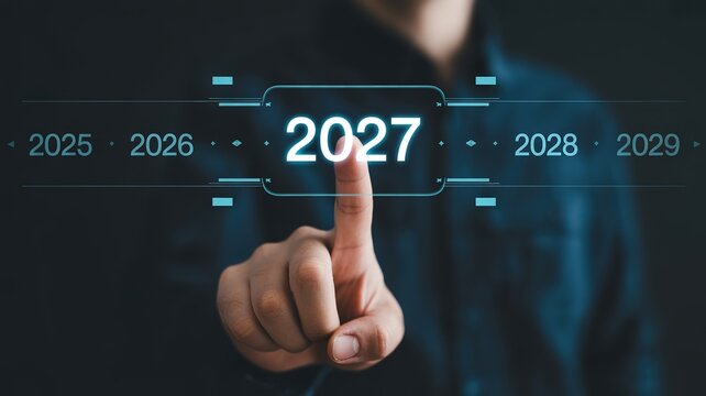 New Year 2027 Futuristic Holographic Interface with Finger Tapping Glowing Blue Digital Timeline for Tech Themed Presentations and Corporate Vision Concepts