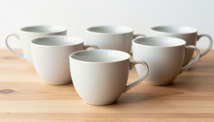 Fototapeta premium Set of six minimalist white ceramic coffee cups on light wooden table, flat lay composition