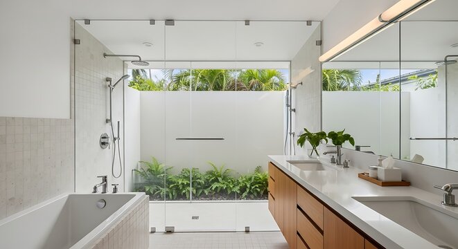 Modern Bathroom Design with Glass Walls and Natural Light.