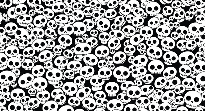 Dense pattern of white cartoon skulls with varied expressions and sizes scattered across a solid black background for a spooky effect.