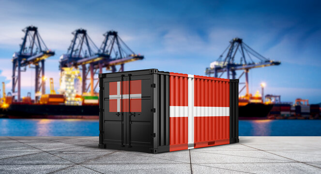 Danish Shipping Container: Two shipping containers, adorned with the national flag of Denmark, stand prominently against the backdrop of a bustling harbor.