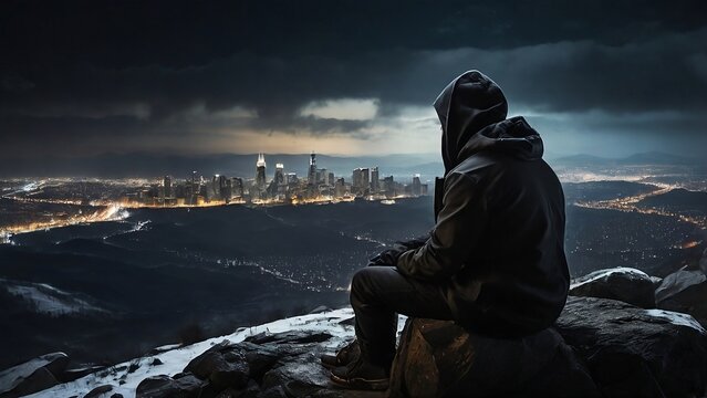 Man in black hooded hat sitting on a rock and looking the city lights underneath on the night with the snowy mountain in front shinning with snow. view from behind the man created with generative ai