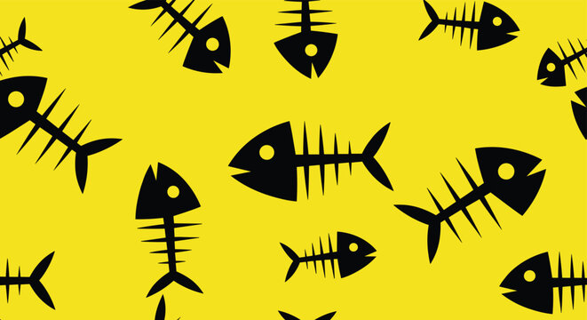 Bold seamless pattern featuring black fish bone silhouettes swimming in different directions on a vibrant yellow background for a modern look.