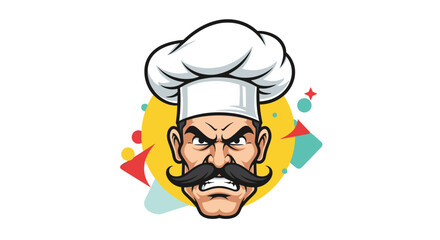 Obraz premium Determined male chef with a stern expression and a large black mustache wearing a tall white chef hat on a colorful background.
