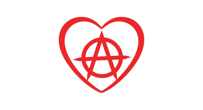 Red heart outline containing a stylized anarchy symbol in the center, representing a blend of passion and political ideology.