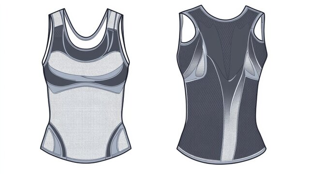 27.Detailed vector template of a sports tank top and running singlet, precise seam placement, breathable mesh panels illustrated, neutral background emphasizing garment structure.