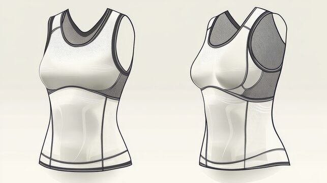 27.Detailed vector template of a sports tank top and running singlet, precise seam placement, breathable mesh panels illustrated, neutral background emphasizing garment structure.