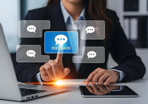 Businesswoman touching a digital feedback button on a virtual interface in a modern office