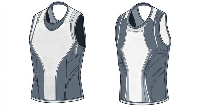 27.Detailed vector template of a sports tank top and running singlet, precise seam placement, breathable mesh panels illustrated, neutral background emphasizing garment structure.