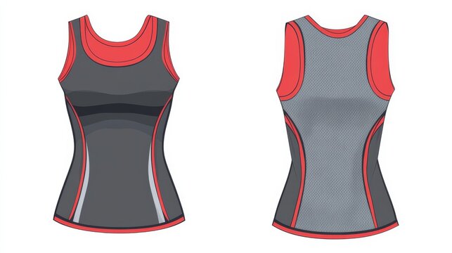 27.Detailed vector template of a sports tank top and running singlet, precise seam placement, breathable mesh panels illustrated, neutral background emphasizing garment structure.
