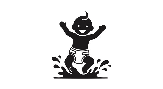 Black silhouette of a happy baby in a diaper jumping and splashing in a puddle of water against a white background.