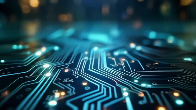 Close-up of a circuit board with glowing blue lines and orange lights on a dark background with a shallow depth of field.