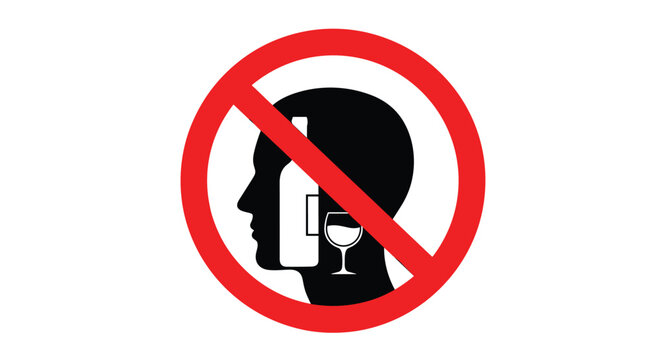 Prohibition sign featuring a red circle with a slash over a black head silhouette containing a bottle and glass.