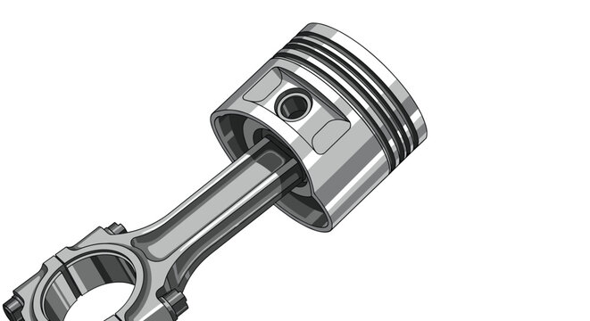 Realistic technical illustration of a shiny metal engine piston and connecting rod shown from an isometric view.