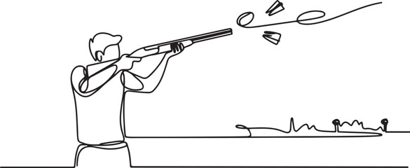 One single line drawing of young man practicing to shot target in range on shooting training ground vector illustration graphic. Clay pigeon shooting sport concept. One line draw graphic design vector © MstMoushumi