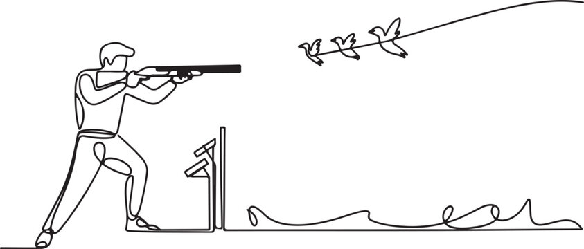One single line drawing of young man practicing to shot target in range on shooting training ground vector illustration graphic. Clay pigeon shooting sport concept. One line draw graphic design vector