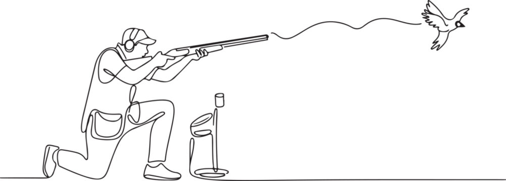 One single line drawing of young man practicing to shot target in range on shooting training ground vector illustration graphic. Clay pigeon shooting sport concept. One line draw graphic design vector